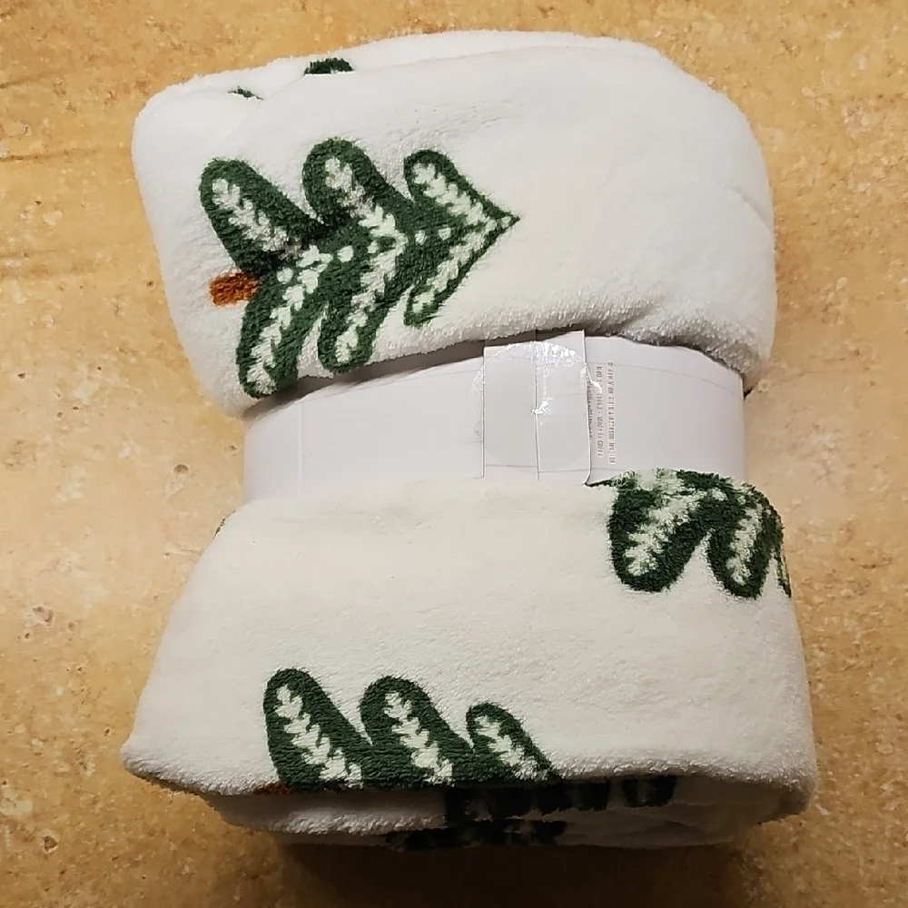 White and Green Plush Throw Blanket